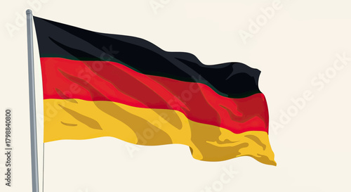 Waving flag of Germany with black, red, and gold stripes on a flagpole against a light background.