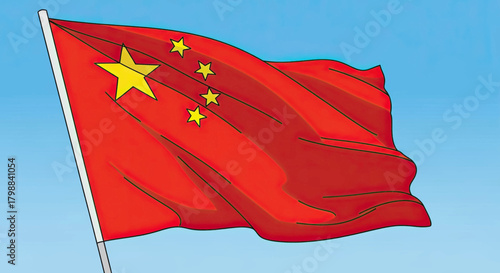 A red flag with yellow stars is waving in the wind against a blue sky, representing the People's Republic of China.