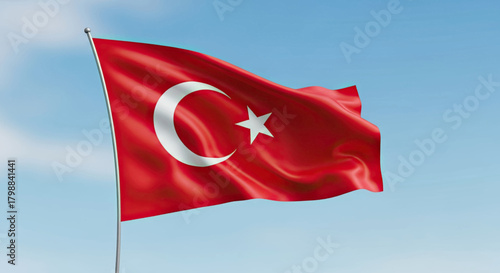 A red flag with a white crescent moon and star waves in the wind against a clear blue sky.