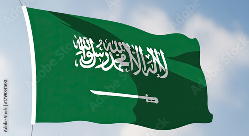 A vibrant green flag of Saudi Arabia, emblazoned with the Shahada and a sword, flutters gently in the wind under a partly cloudy sky.