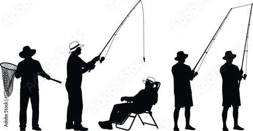 Fisherman silhouettes set, men fishing with rod and net, relaxing hobby leisure activity, outdoor sport recreation vector illustration, isolated black background.