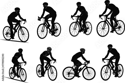 Road cyclist silhouettes set, male athletes riding racing bicycles, cycling exercise fitness training, sport competition vector illustration, isolated black background.