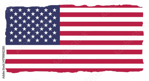 A graphic illustration of a tattered and weathered American flag, the Stars and Stripes, isolated on a clean white background.
