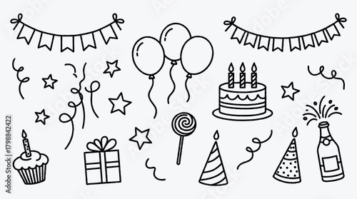 Doodle birthday party elements celebration party celebration symbols fun icons