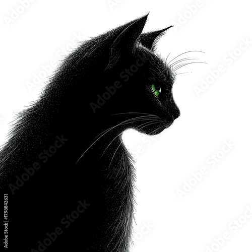 A striking profile of a black cat with piercing green eyes, set against a stark white background. The cat's fur is detailed with fine lines, giving it a textured appearance.