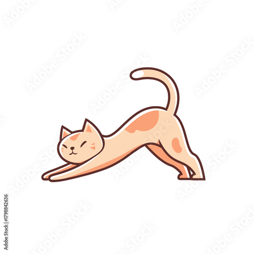 A cute cartoon cat stretching its body with its back arched and tail raised.