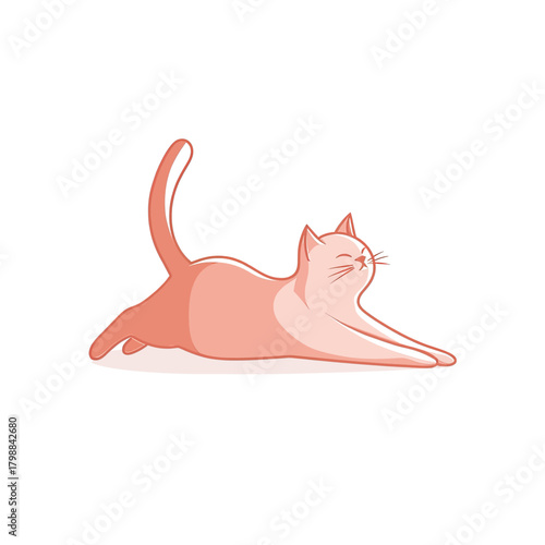 A cute, stylized illustration of a pink cat stretching its body in a playful pose.