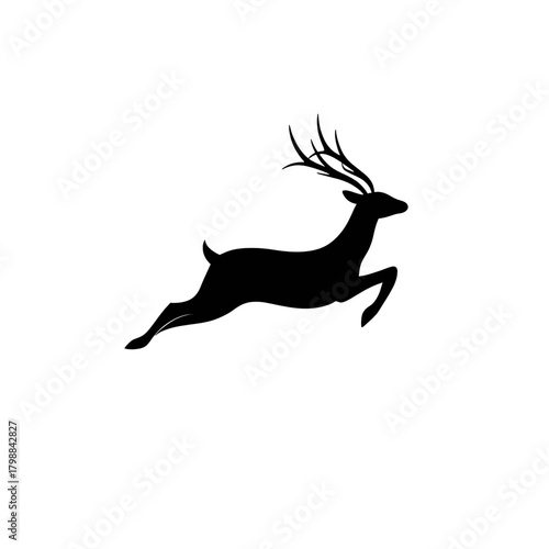 Black silhouette of a majestic deer with antlers leaping gracefully across a white background, capturing its dynamic movement.