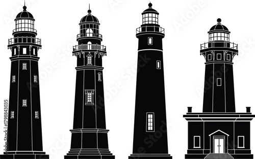 Vintage Nautical Lighthouse Silhouettes Vector Set: Coastal Navigation Beacon Towers, Marine Symbols, Safety and Guidance Illustration Collection.