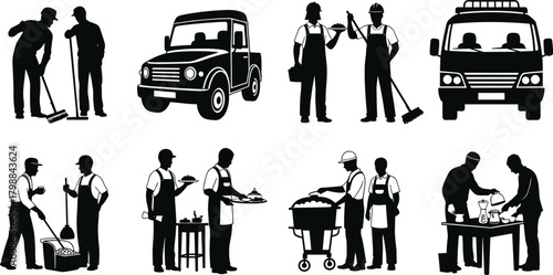 Silhouette workers performing various professional tasks with tools, cleaning equipment, food service activities, and vehicles in industrial and service industry settings, isolated illustration