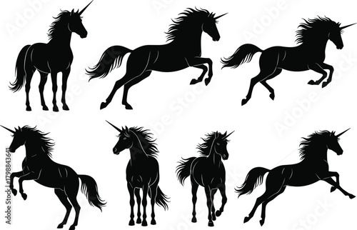 Majestic unicorn silhouettes, fantasy horse illustrations, mythical creature poses, magical black unicorn artwork for creative designs and projects