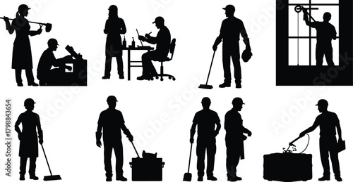 Silhouette workers performing various industrial, construction, cleaning, repair, and maintenance tasks with tools and equipment in multiple professional environments for labor and workplace concepts