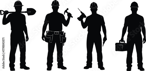 Silhouette,construction,workers,holding,tools,industrial,team,manual,labor,hardhat,craftsman,engineering,skilled,workforce,repair,maintenance,building,industry,professional,equipment,occupational