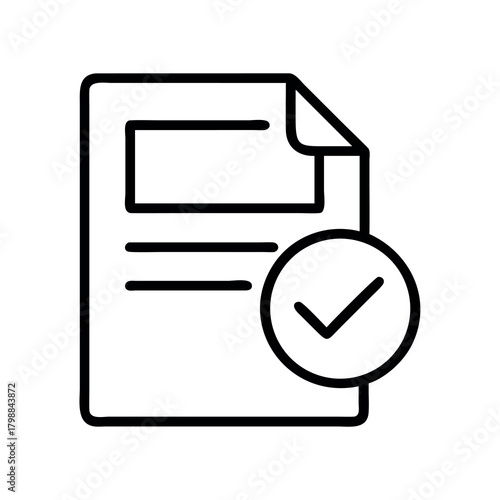 Simple line art icon of a document with a checkmark indicating approval or completion