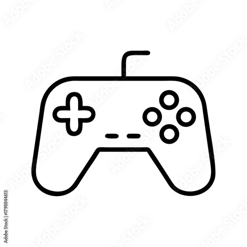 Simple line art icon of a classic video game controller with a wire