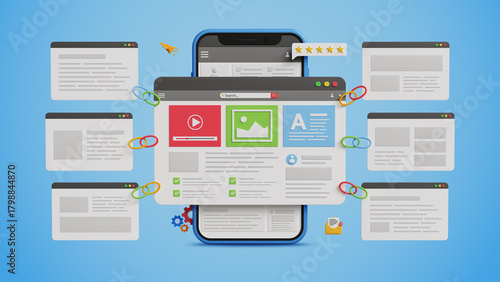 Website Link Building, Content Backlink Strategy, SEO Growth, Improved Rankings, Organic Traffic Boost, Digital Visibility Tactics. 3D website page with  backlink pages on a mobile
