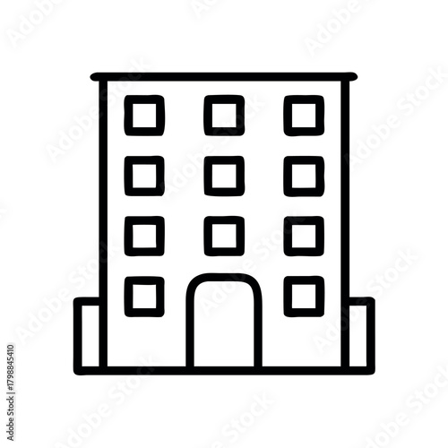 Simple line art icon of a multi story building with arched entrance and square windows