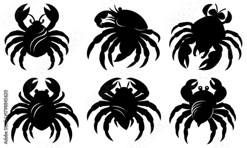 Collection of six crab silhouettes in various poses showcasing their distinct features and forms in black