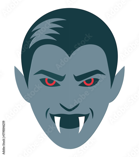 Vampire head cartoon with red glowing eyes and sharp fangs halloween
