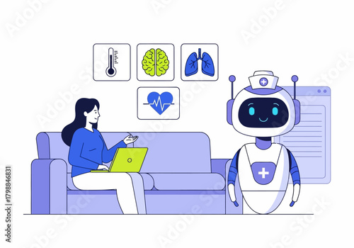 AI Healthcare Innovation A nurse robot provides virtual assistance and remote monitoring for a woman, showcasing advanced digital medical technology and smart health solutions