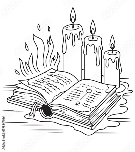 Ancient open book with three burning candles and magical flames outline