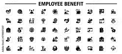 Set of 50 Employee Benefit web icons in pictogram style. life insurance, sport, people development, disability insurance, flexible hours, vacation, coffee break, vision insurance, and training.