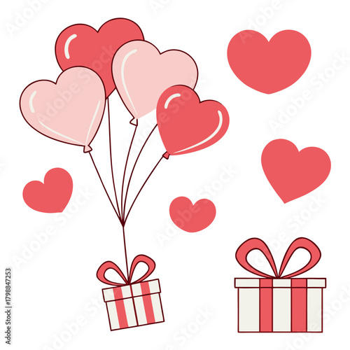 Whimsical collection of red and pink heart shaped balloons tied to gift boxes