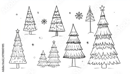 Christmas trees doodle art with snowflake background.