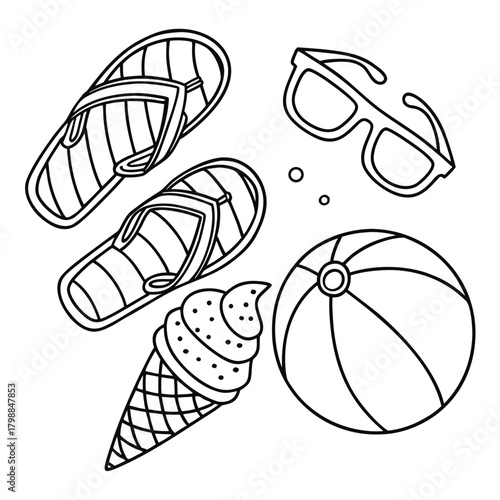Hand drawn summer vacation essentials line art including flip flops ice cream cone sunglasses and beach ball