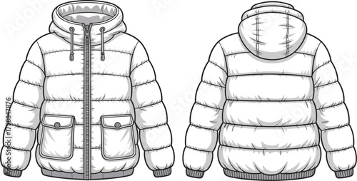 White puffer jacket front and back, hooded winter coat, fashion sketch, garment design, outerwear illustration, technical apparel drawing