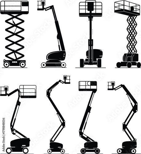 Aerial work platform silhouettes, scissor lift, boom lifts, vertical mast, construction equipment, industrial access machines, elevation tools, black illustration