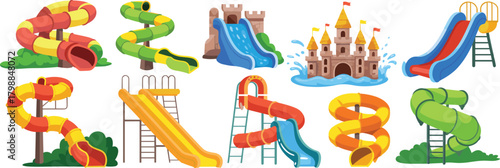 Cartoon playground slides set, colorful water park icons, spiral and tube designs, castle splash structure, summer fun graphics, amusement theme