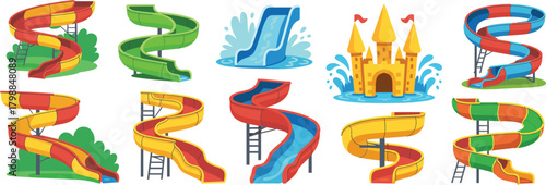 Cartoon water slides set, colorful amusement park elements, spiral and straight designs, summer fun icons, playful pool attraction graphics