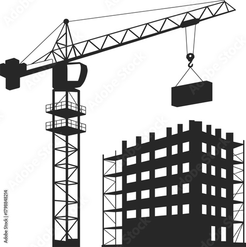 Construction site silhouette, tower crane lifting block, building under construction, scaffolding, urban development, structural engineering, heavy machinery, city progress, architecture
