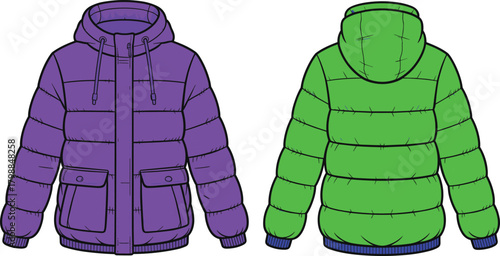 Colorful puffer jackets front and back, hooded winter coat, fashion sketch, garment design, outerwear illustration, apparel drawing