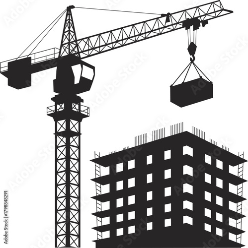 Construction site silhouette, tower crane lifting block, urban development, building under construction, structural engineering, city growth, architecture, infrastructure, progress
