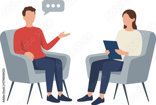 Counseling session vector, therapist and client interaction, professional discussion, mental health support, emotional care, interview scene, illustration