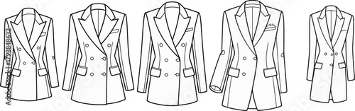Double-breasted blazer illustration set, fashion design icons, tailored menswear styles, lapel and pocket variations, garment comparison chart