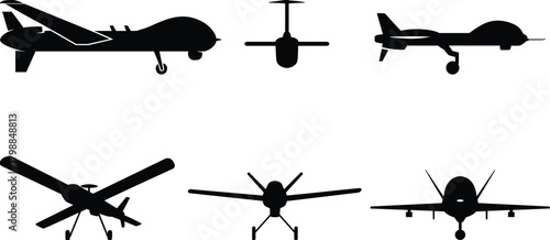 Drone silhouettes, UAV designs, aerial vehicle icons, unmanned aircraft shapes, drone comparison, black outline, aviation tech, drone models