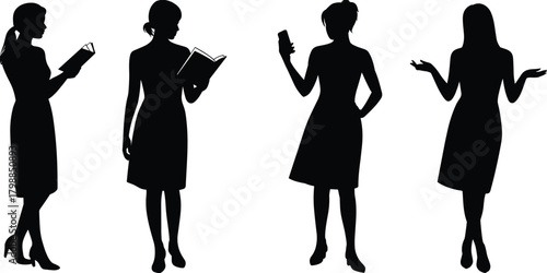 Female silhouette poses set, reading book, smartphone gesture, expressive stance, black dress icons, activity and communication illustration grid