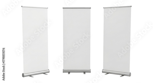 Empty White Pull Up Banners for Advertising and Marketing Displays, Cut Out, Clipping Path, Isolated on a Transparent PNG Background.