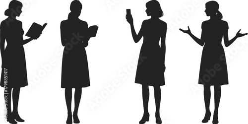 Female silhouette poses set, reading book, smartphone gesture, expressive stance, black dress icons, communication and activity illustration grid