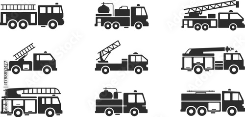 Fire truck icon set, silhouette vehicles, emergency response trucks, firefighting equipment, rescue vehicle graphics, ladder truck symbols, black icons