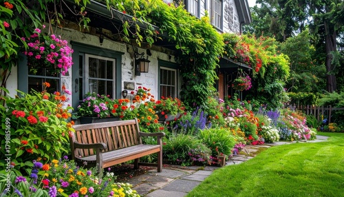 Cottage garden with bench with flowers and greenery.