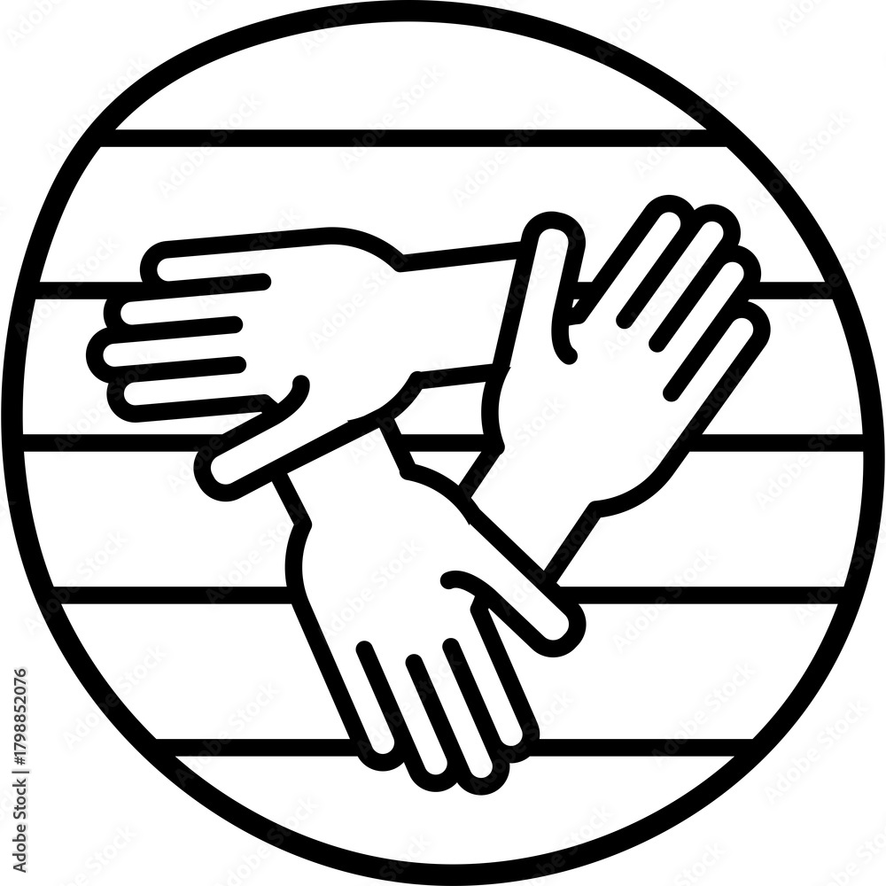 Fototapeta premium Interlocking Hands Symbol Representing Unity and Teamwork Inside a Circle with Horizontal Stripes and Transparent Background