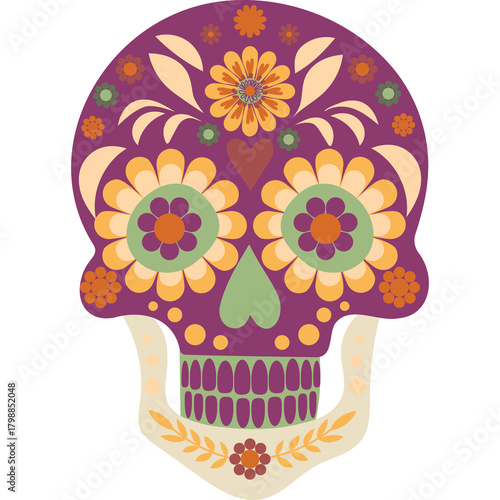 Intricate Purple Sugar Skull Illustration Adorned With Colorful Floral Patterns And Heart Detail On A Transparent Background