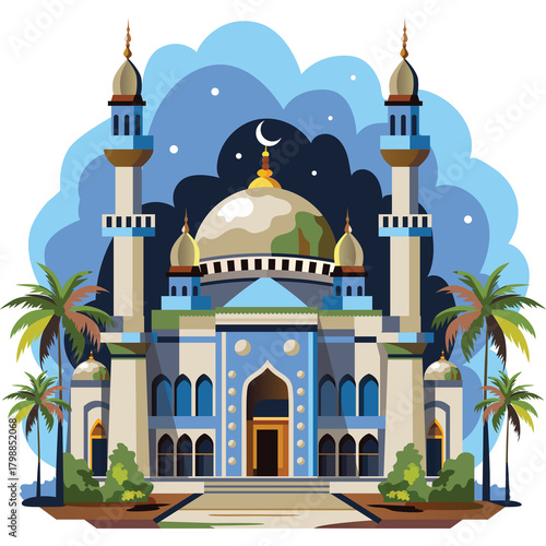 Intricate Pixel Art Islamic Mosque With Minarets Palm Trees And Crescent Moon In Starry Night Sky Beautiful Religious Architecture Detailed Cultural Landmark