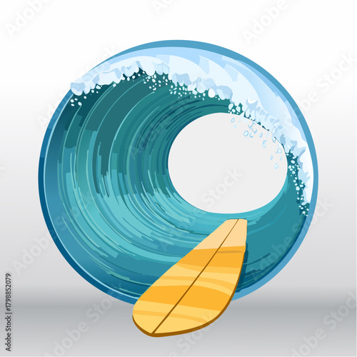 A circular blue ocean wave with white foam and a yellow surfboard leaning against it, symbolizing surfing.