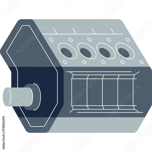 Internal Combustion Engine Block Gray Monochromatic Minimalist Design Isolated on Transparent Background Clean Engineering Representation