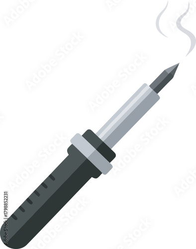Illustration of a soldering iron emitting smoke, indicating it is hot and in use.